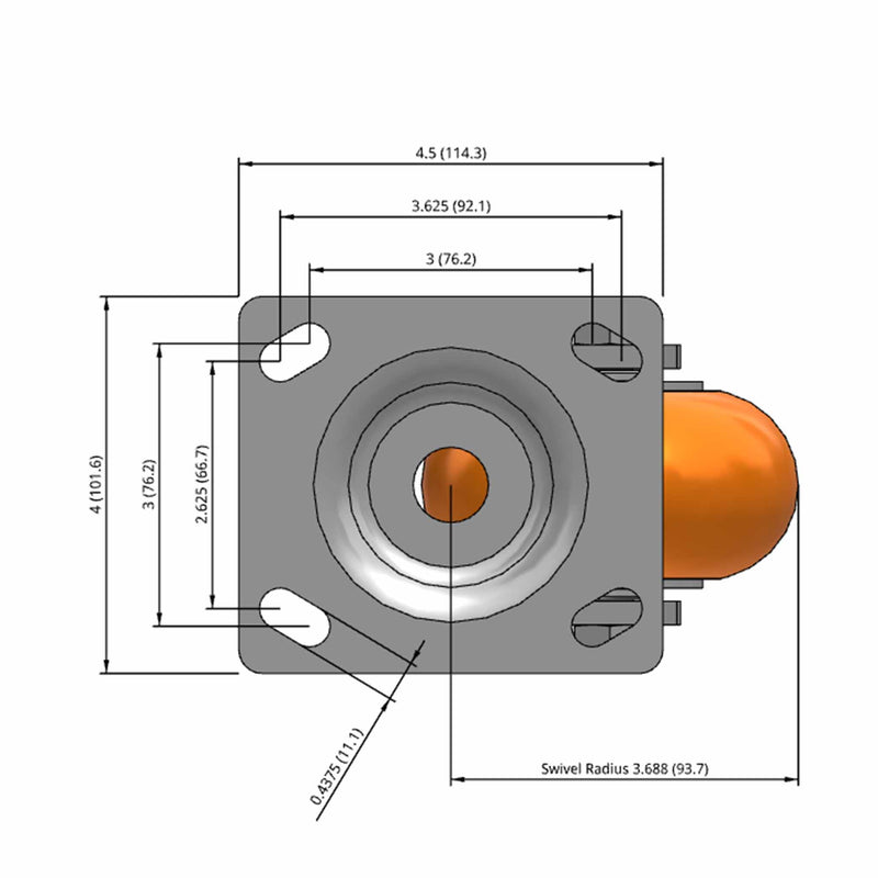 Side dimensioned CAD view of an Albion Casters 4" x 2" wide wheel Swivel caster with 4" x 4-1/2" top plate, without a brake, AN - Round Polyurethane (Aluminum Core) wheel and 800 lb. capacity part