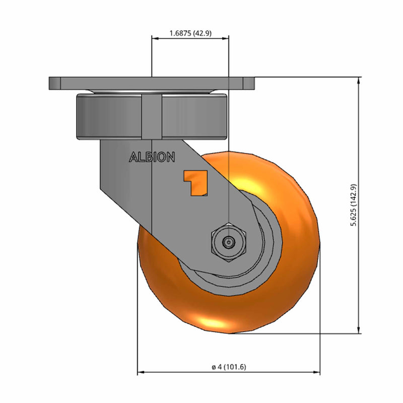Front dimensioned CAD view of an Albion Casters 4" x 2" wide wheel Swivel caster with 4" x 4-1/2" top plate, without a brake, AN - Round Polyurethane (Aluminum Core) wheel and 800 lb. capacity part