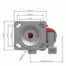 Side dimensioned CAD view of an Albion Casters 4" x 2" wide wheel Swivel caster with 4" x 4-1/2" top plate, with a side locking brake, AX - Round Polyurethane (Aluminum Core) wheel and 800 lb. capacity part