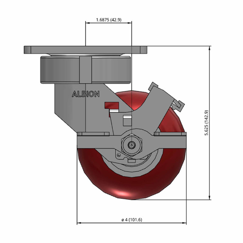 Front dimensioned CAD view of an Albion Casters 4" x 2" wide wheel Swivel caster with 4" x 4-1/2" top plate, with a side locking brake, AX - Round Polyurethane (Aluminum Core) wheel and 800 lb. capacity part