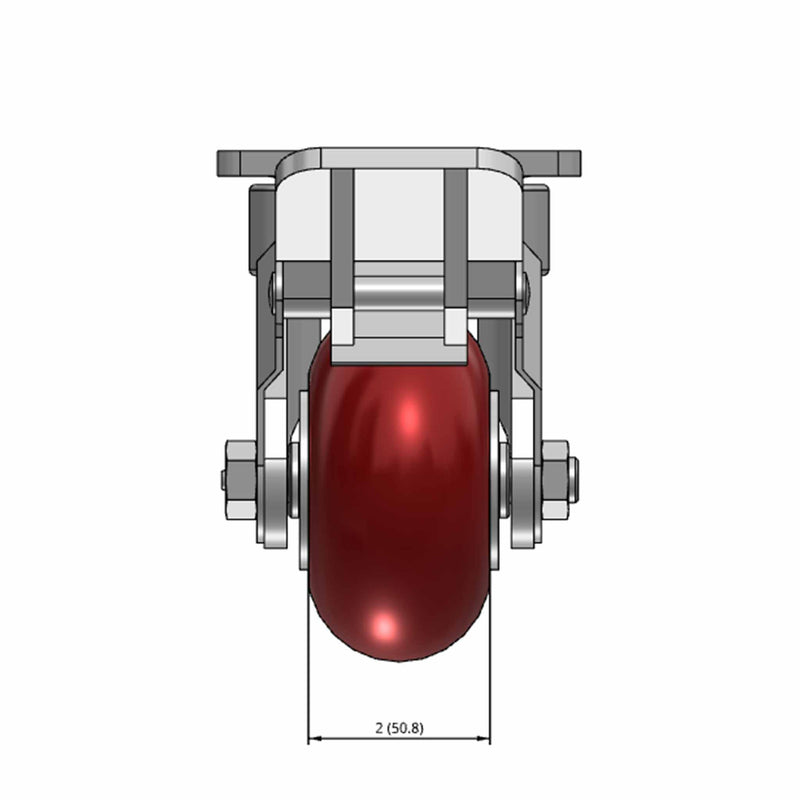 Top dimensioned CAD view of an Albion Casters 4" x 2" wide wheel Swivel caster with 4" x 4-1/2" top plate, with a top wheel lock brake, AX - Round Polyurethane (Aluminum Core) wheel and 800 lb. capacity part