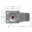 Side dimensioned CAD view of an Albion Casters 4" x 2" wide wheel Swivel caster with 4" x 4-1/2" top plate, with a top wheel lock brake, AX - Round Polyurethane (Aluminum Core) wheel and 800 lb. capacity part