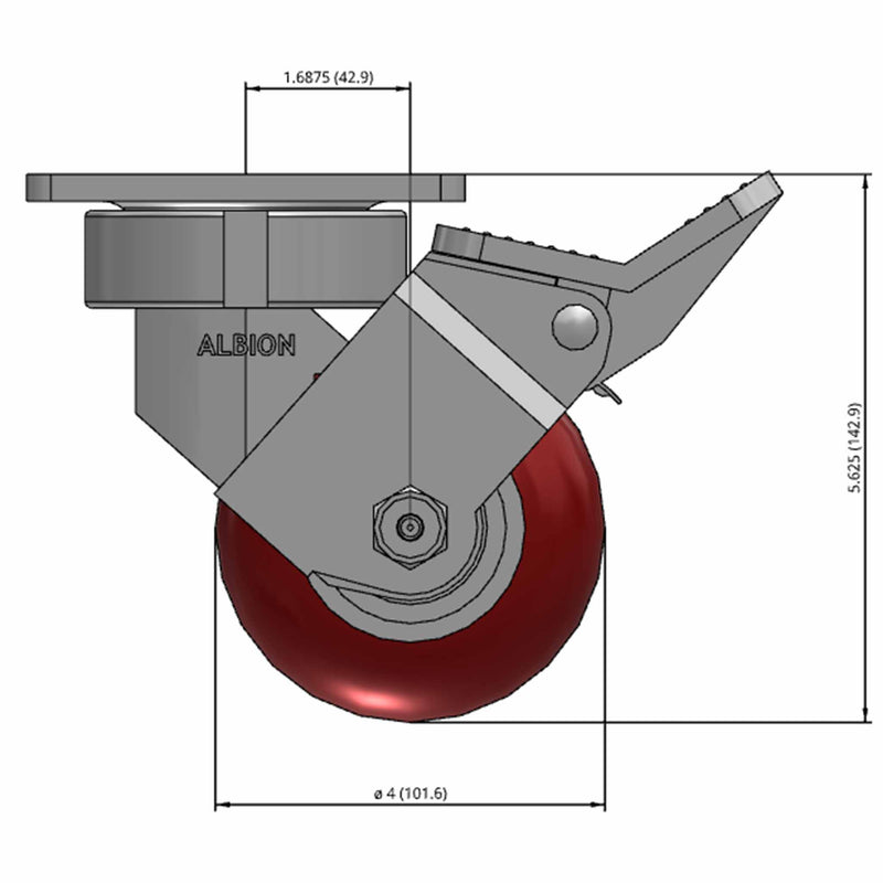 Front dimensioned CAD view of an Albion Casters 4" x 2" wide wheel Swivel caster with 4" x 4-1/2" top plate, with a top wheel lock brake, AX - Round Polyurethane (Aluminum Core) wheel and 800 lb. capacity part