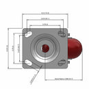 Side dimensioned CAD view of an Albion Casters 4" x 2" wide wheel Swivel caster with 4" x 4-1/2" top plate, without a brake, AX - Round Polyurethane (Aluminum Core) wheel and 800 lb. capacity part