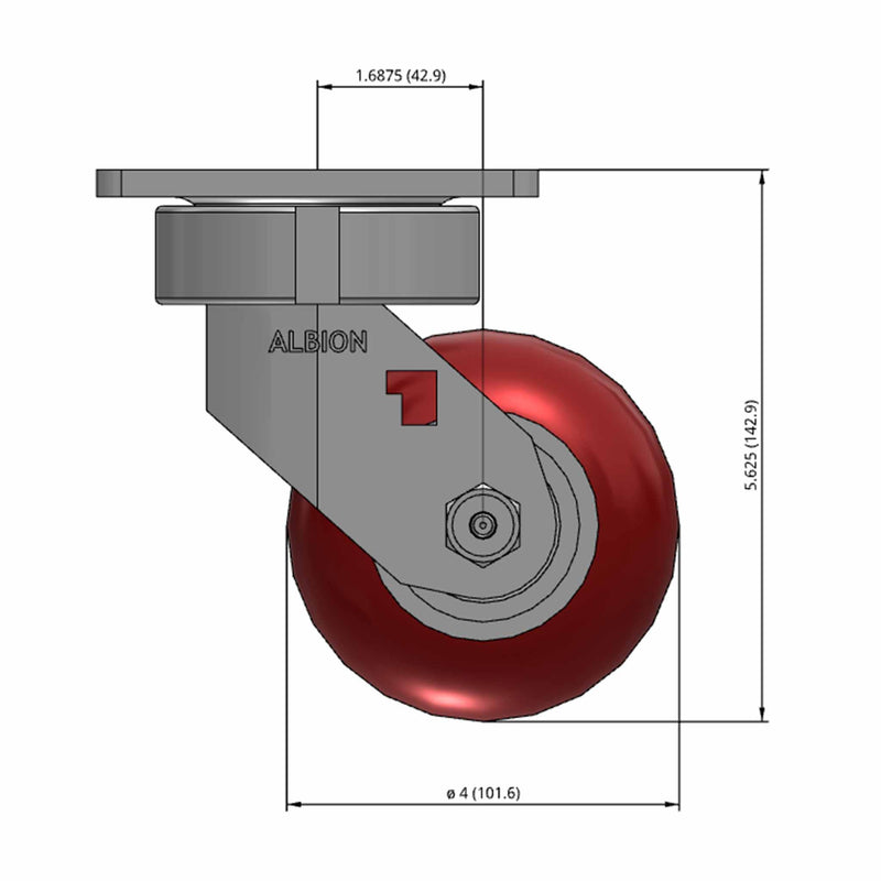 Front dimensioned CAD view of an Albion Casters 4" x 2" wide wheel Swivel caster with 4" x 4-1/2" top plate, without a brake, AX - Round Polyurethane (Aluminum Core) wheel and 800 lb. capacity part