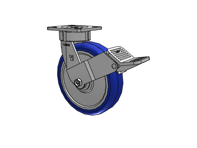 Ergonomic Maintenance-Free 8"x2" Swivel-EAZ Crowned Wheel  Caster with Wheel Lock and 4"x4.5" Plate