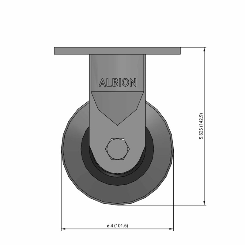 Front dimensioned CAD view of an Albion Casters 4" x 2" wide wheel Rigid caster with 4" x 4-1/2" top plate, without a brake, XS - X-tra Soft Rubber (Flat) wheel and 350 lb. capacity part