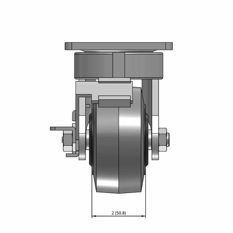 Top dimensioned CAD view of an Albion Casters 4" x 2" wide wheel Swivel caster with 4" x 4-1/2" top plate, with a side locking brake, XS - X-tra Soft Rubber (Flat) wheel and 350 lb. capacity part