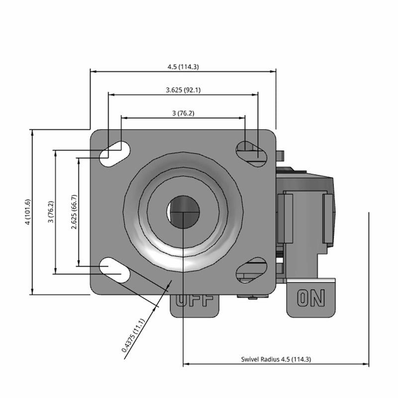 Side dimensioned CAD view of an Albion Casters 4" x 2" wide wheel Swivel caster with 4" x 4-1/2" top plate, with a side locking brake, XS - X-tra Soft Rubber (Flat) wheel and 350 lb. capacity part