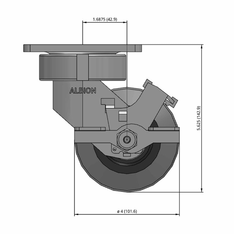 Front dimensioned CAD view of an Albion Casters 4" x 2" wide wheel Swivel caster with 4" x 4-1/2" top plate, with a side locking brake, XS - X-tra Soft Rubber (Flat) wheel and 350 lb. capacity part