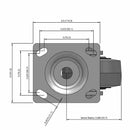 Side dimensioned CAD view of an Albion Casters 4" x 2" wide wheel Swivel caster with 4" x 4-1/2" top plate, without a brake, XS - X-tra Soft Rubber (Flat) wheel and 350 lb. capacity part