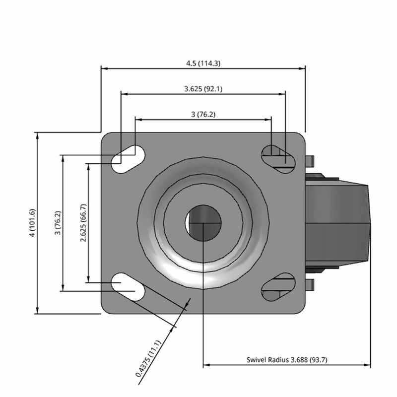 Side dimensioned CAD view of an Albion Casters 4" x 2" wide wheel Swivel caster with 4" x 4-1/2" top plate, without a brake, XS - X-tra Soft Rubber (Flat) wheel and 350 lb. capacity part