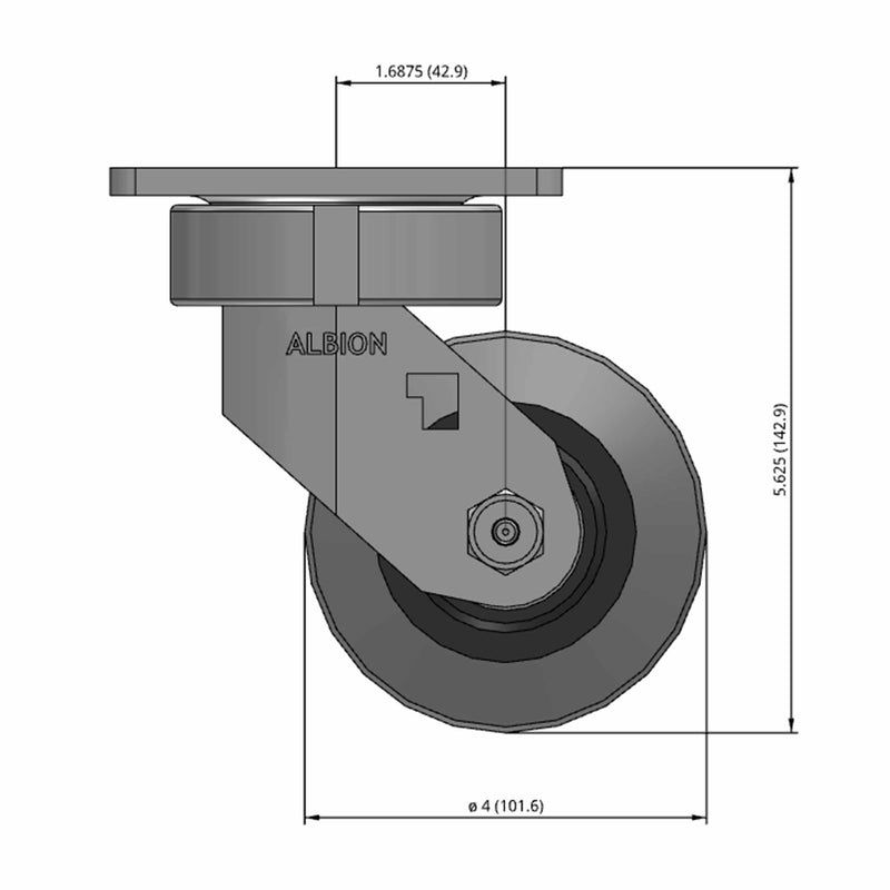 Front dimensioned CAD view of an Albion Casters 4" x 2" wide wheel Swivel caster with 4" x 4-1/2" top plate, without a brake, XS - X-tra Soft Rubber (Flat) wheel and 350 lb. capacity part