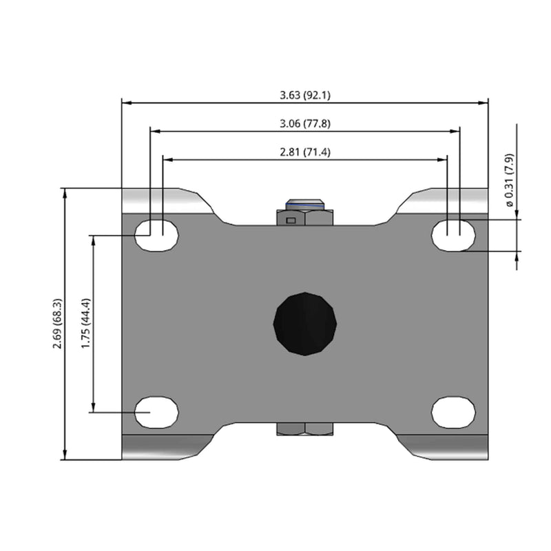 Side dimensioned CAD view of a Colson Casters 3.5" x 1.25" wide wheel Rigid caster with 2-11/16" x 3-5/8" top plate, without a brake, Polyolefin wheel and 230 lb. capacity part