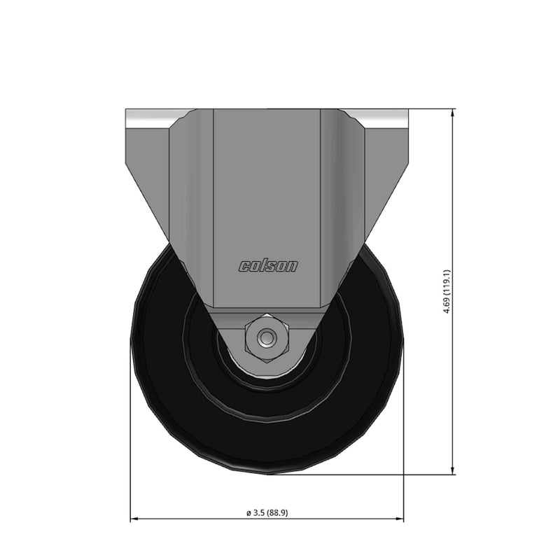 Front dimensioned CAD view of a Colson Casters 3.5" x 1.25" wide wheel Rigid caster with 2-11/16" x 3-5/8" top plate, without a brake, Polyolefin wheel and 230 lb. capacity part