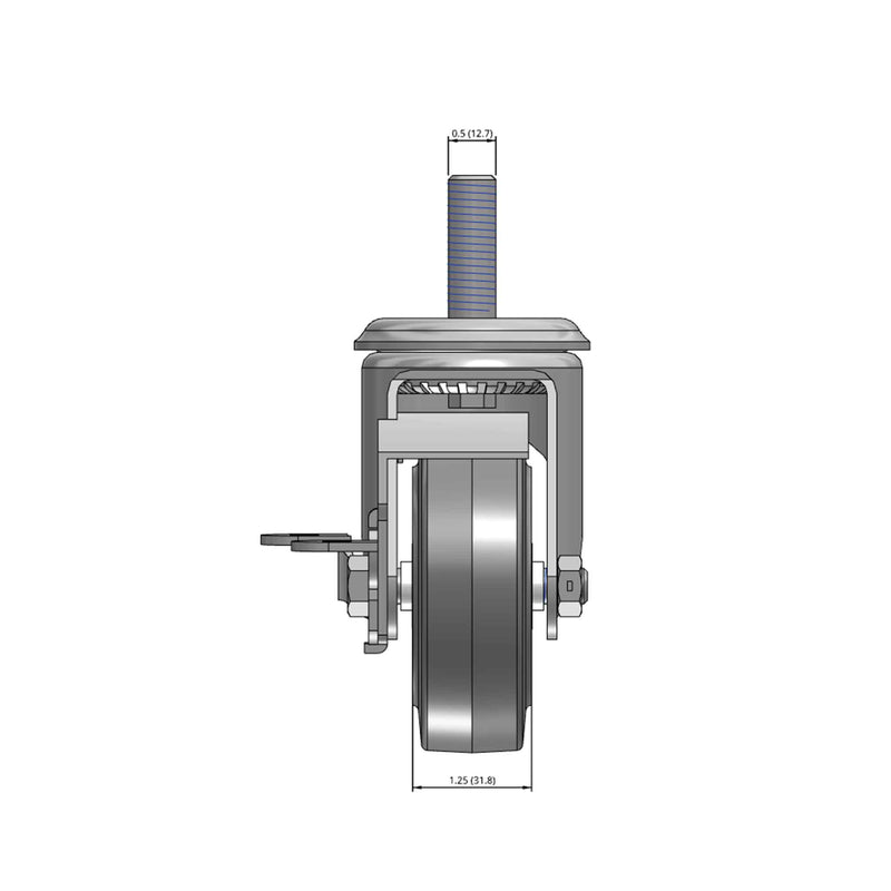 Top dimensioned CAD view of a Colson Casters 3.5" x 1.25" wide wheel Swivel caster with 1/2"-13 x 1-1/2" stud, with a side locking brake, Performa wheel and 250 lb. capacity part