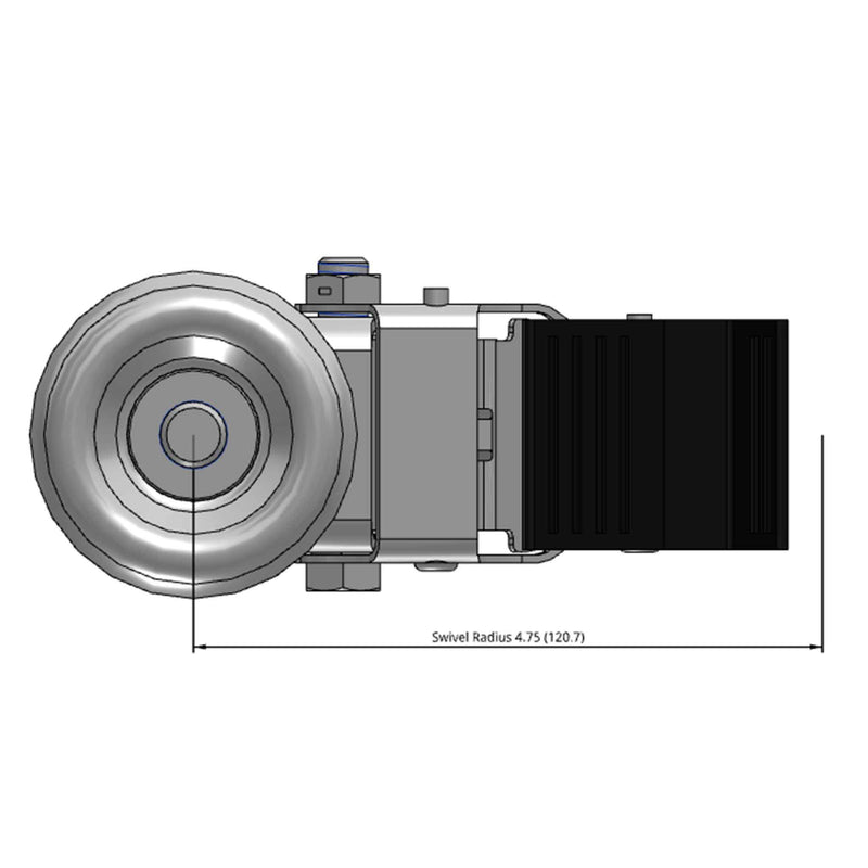 Side dimensioned CAD view of a Colson Casters 3.5" x 1.25" wide wheel Swivel caster with 1/2"-13 x 1-1/2" stud, with a top total locking brake, Performa wheel and 250 lb. capacity part