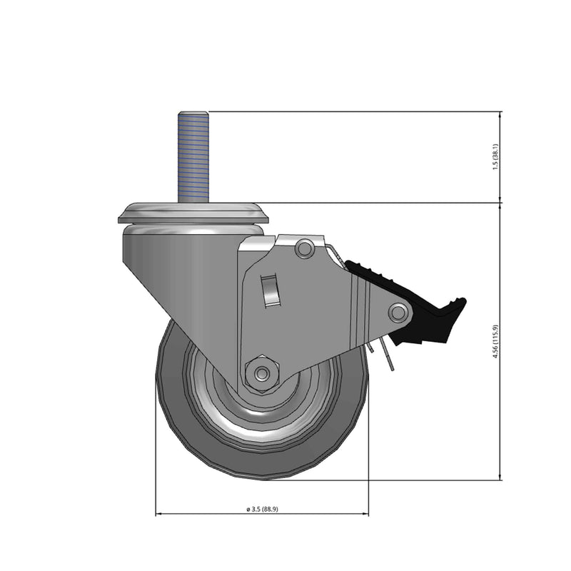 Front dimensioned CAD view of a Colson Casters 3.5" x 1.25" wide wheel Swivel caster with 1/2"-13 x 1-1/2" stud, with a top total locking brake, Performa wheel and 250 lb. capacity part