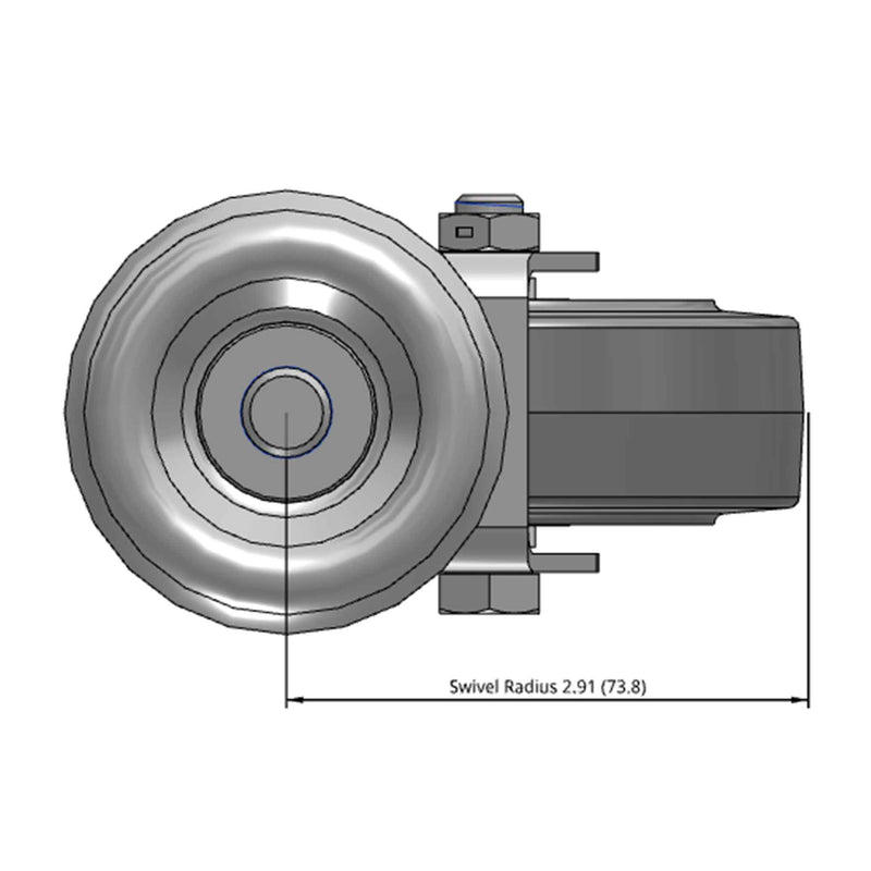Side dimensioned CAD view of a Colson Casters 3.5" x 1.25" wide wheel Swivel caster with 1/2"-13 x 1-1/2" stud, without a brake, Performa wheel and 250 lb. capacity part