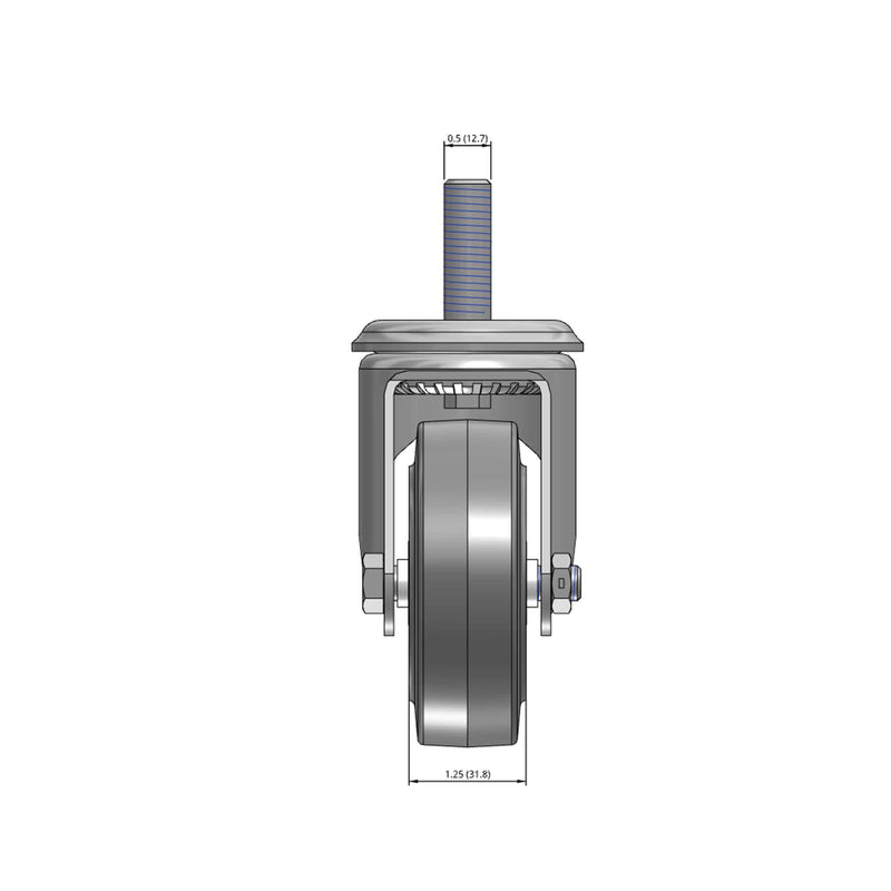 Top dimensioned CAD view of a Colson Casters 3.5" x 1.25" wide wheel Swivel caster with 1/2"-13 x 1-1/2" stud, without a brake, Performa wheel and 250 lb. capacity part
