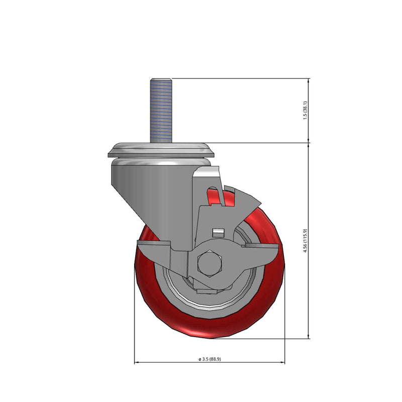 Front dimensioned CAD view of a Colson Casters 3.5" x 1.25" wide wheel Swivel caster with 1/2"-13 x 1-1/2" stud, with a side locking brake, HI-TECH Polyurethane wheel and 250 lb. capacity part