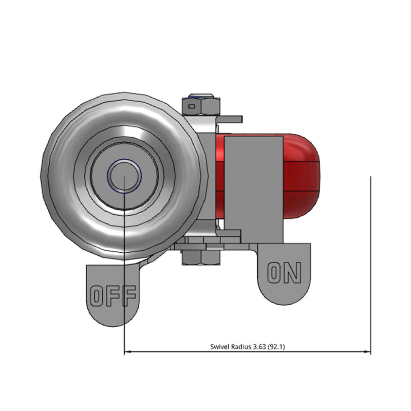 Side dimensioned CAD view of a Colson Casters 3.5" x 1.25" wide wheel Swivel caster with 1/2"-13 x 1-1/2" stud, with a side locking brake, HI-TECH Polyurethane wheel and 250 lb. capacity part