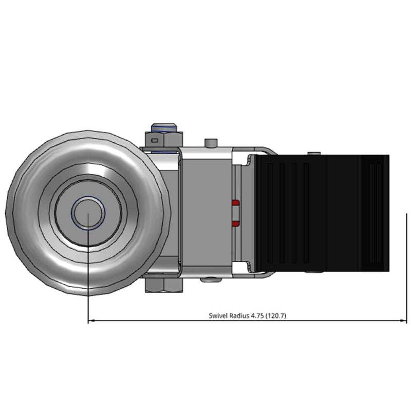 Side dimensioned CAD view of a Colson Casters 3.5" x 1.25" wide wheel Swivel caster with 1/2"-13 x 1-1/2" stud, with a top total locking brake, HI-TECH Polyurethane wheel and 250 lb. capacity part