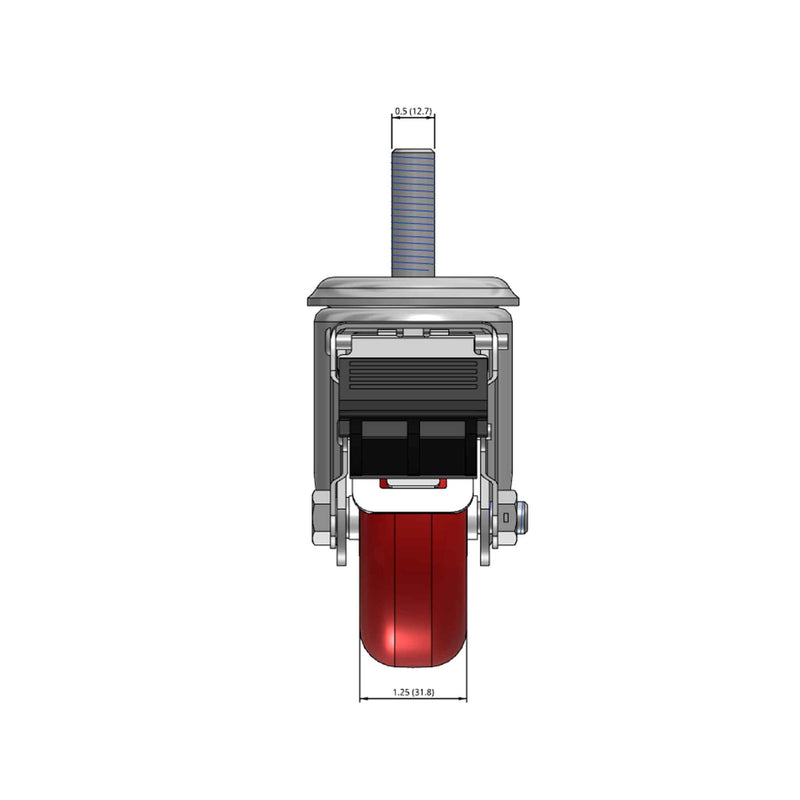 Top dimensioned CAD view of a Colson Casters 3.5" x 1.25" wide wheel Swivel caster with 1/2"-13 x 1-1/2" stud, with a top total locking brake, HI-TECH Polyurethane wheel and 250 lb. capacity part