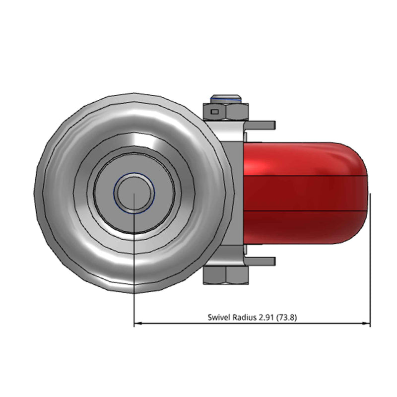 Side dimensioned CAD view of a Colson Casters 3.5" x 1.25" wide wheel Swivel caster with 1/2"-13 x 1-1/2" stud, without a brake, HI-TECH Polyurethane wheel and 250 lb. capacity part