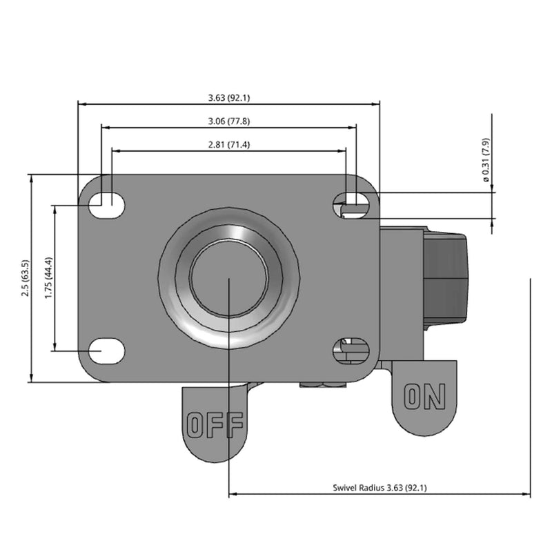 Side dimensioned CAD view of a Colson Casters 3.5" x 1.25" wide wheel Swivel caster with 2-1/2" x 3-5/8" top plate, with a side locking brake, Performa wheel and 250 lb. capacity part
