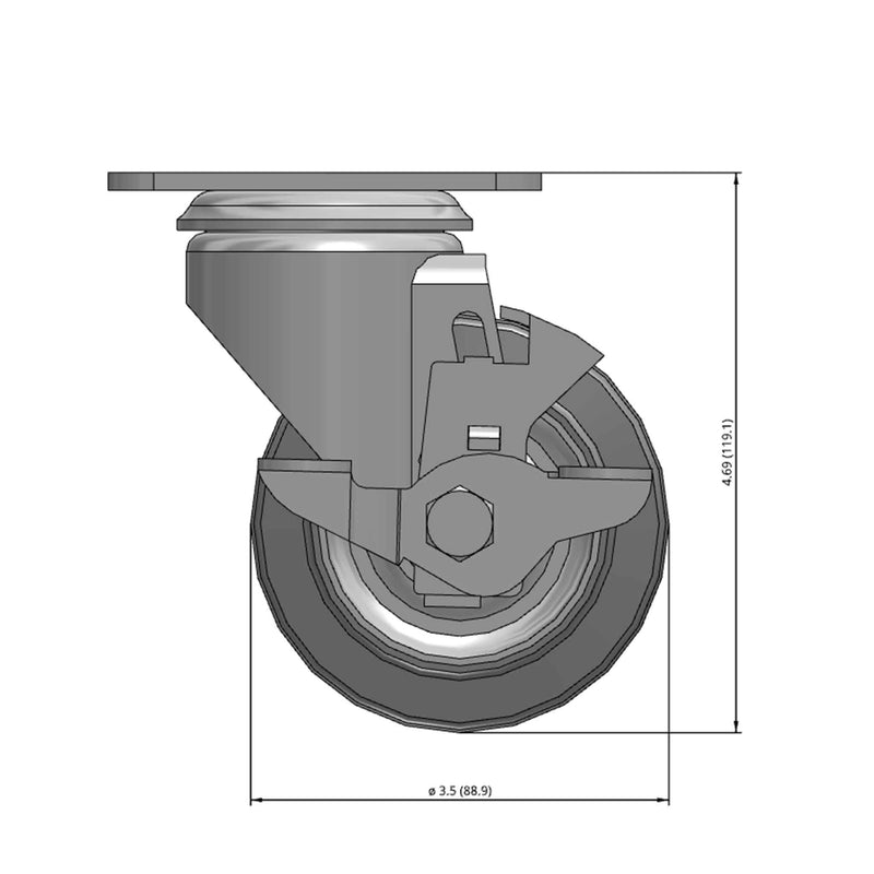Front dimensioned CAD view of a Colson Casters 3.5" x 1.25" wide wheel Swivel caster with 2-1/2" x 3-5/8" top plate, with a side locking brake, Performa wheel and 250 lb. capacity part