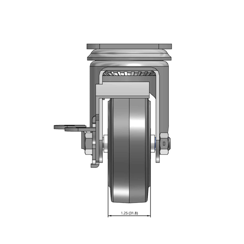 Top dimensioned CAD view of a Colson Casters 3.5" x 1.25" wide wheel Swivel caster with 2-1/2" x 3-5/8" top plate, with a side locking brake, Performa wheel and 250 lb. capacity part