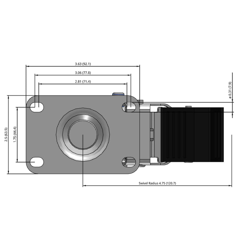 Side dimensioned CAD view of a Colson Casters 3.5" x 1.25" wide wheel Swivel caster with 2-1/2" x 3-5/8" top plate, with a top total locking brake, Performa wheel and 250 lb. capacity part