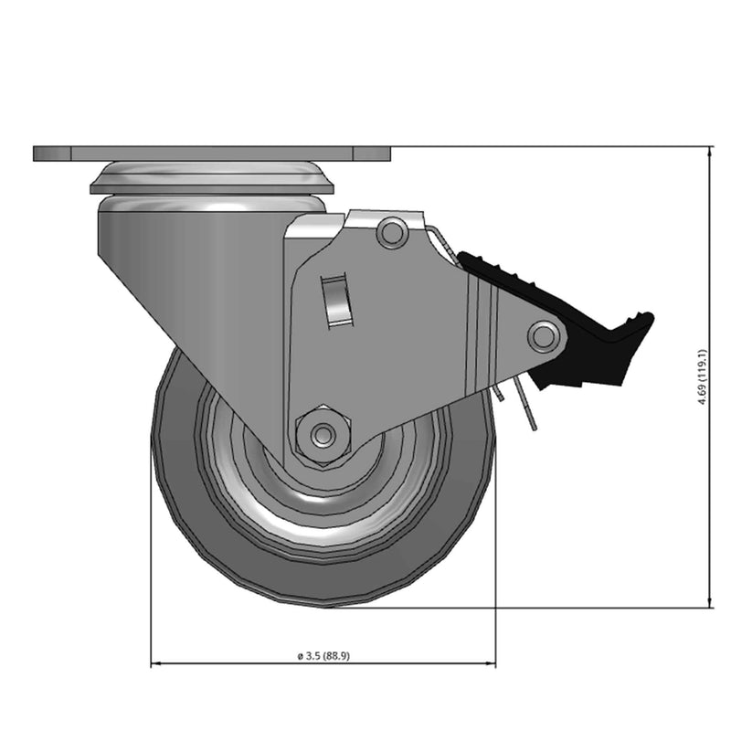Front dimensioned CAD view of a Colson Casters 3.5" x 1.25" wide wheel Swivel caster with 2-1/2" x 3-5/8" top plate, with a top total locking brake, Performa wheel and 250 lb. capacity part