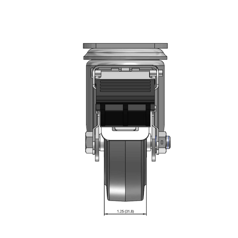 Top dimensioned CAD view of a Colson Casters 3.5" x 1.25" wide wheel Swivel caster with 2-1/2" x 3-5/8" top plate, with a top total locking brake, Performa wheel and 250 lb. capacity part