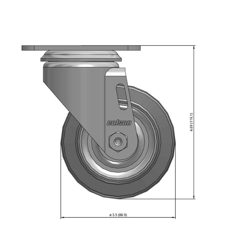 Front dimensioned CAD view of a Colson Casters 3.5" x 1.25" wide wheel Swivel caster with 2-1/2" x 3-5/8" top plate, without a brake, Performa wheel and 250 lb. capacity part