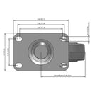 Side dimensioned CAD view of a Colson Casters 3.5" x 1.25" wide wheel Swivel caster with 2-1/2" x 3-5/8" top plate, without a brake, Performa wheel and 250 lb. capacity part