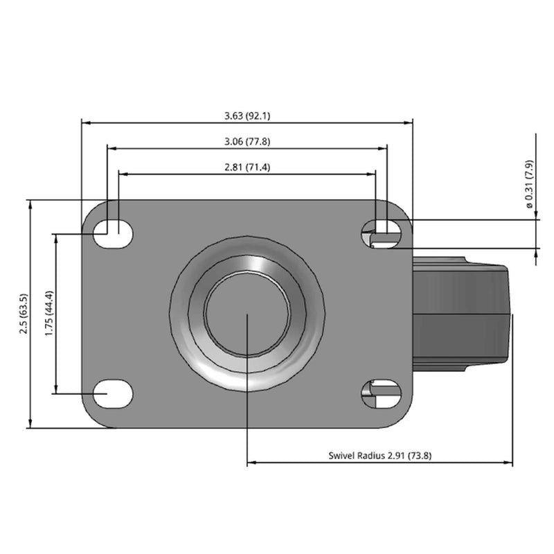 Side dimensioned CAD view of a Colson Casters 3.5" x 1.25" wide wheel Swivel caster with 2-1/2" x 3-5/8" top plate, without a brake, Performa wheel and 250 lb. capacity part