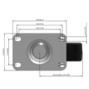 Side dimensioned CAD view of a Colson Casters 3.5" x 1.25" wide wheel Swivel caster with 2-1/2" x 3-5/8" top plate, without a brake, Polyolefin wheel and 230 lb. capacity part