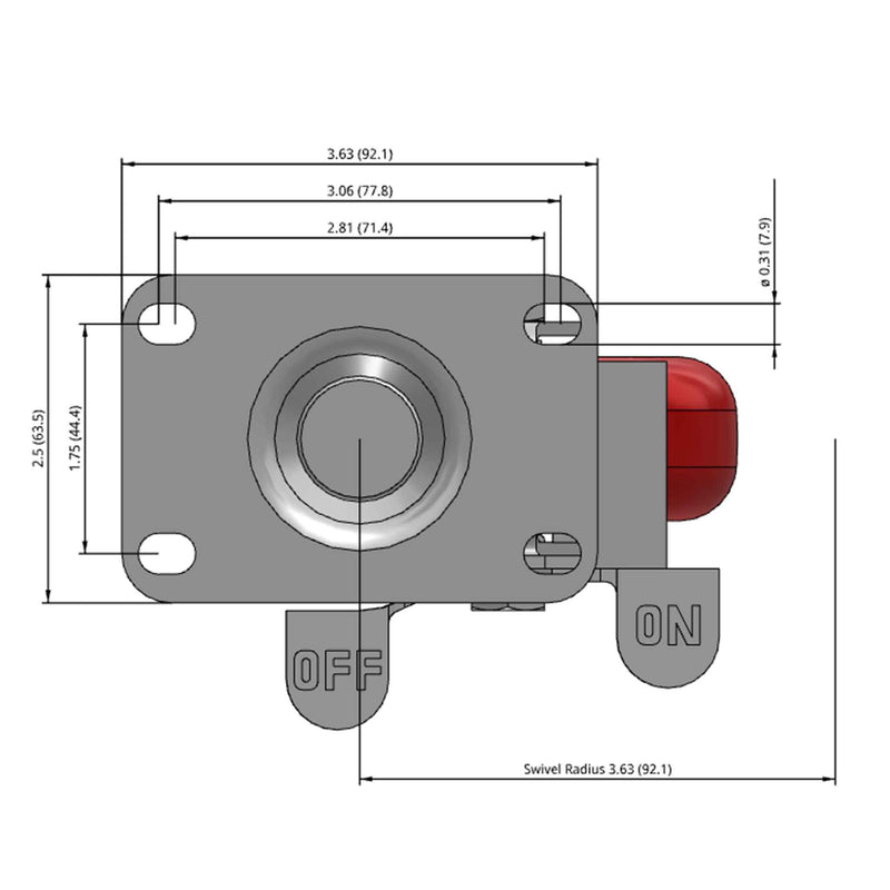 Side dimensioned CAD view of a Colson Casters 3.5" x 1.25" wide wheel Swivel caster with 2-1/2" x 3-5/8" top plate, with a side locking brake, HI-TECH Polyurethane wheel and 250 lb. capacity part