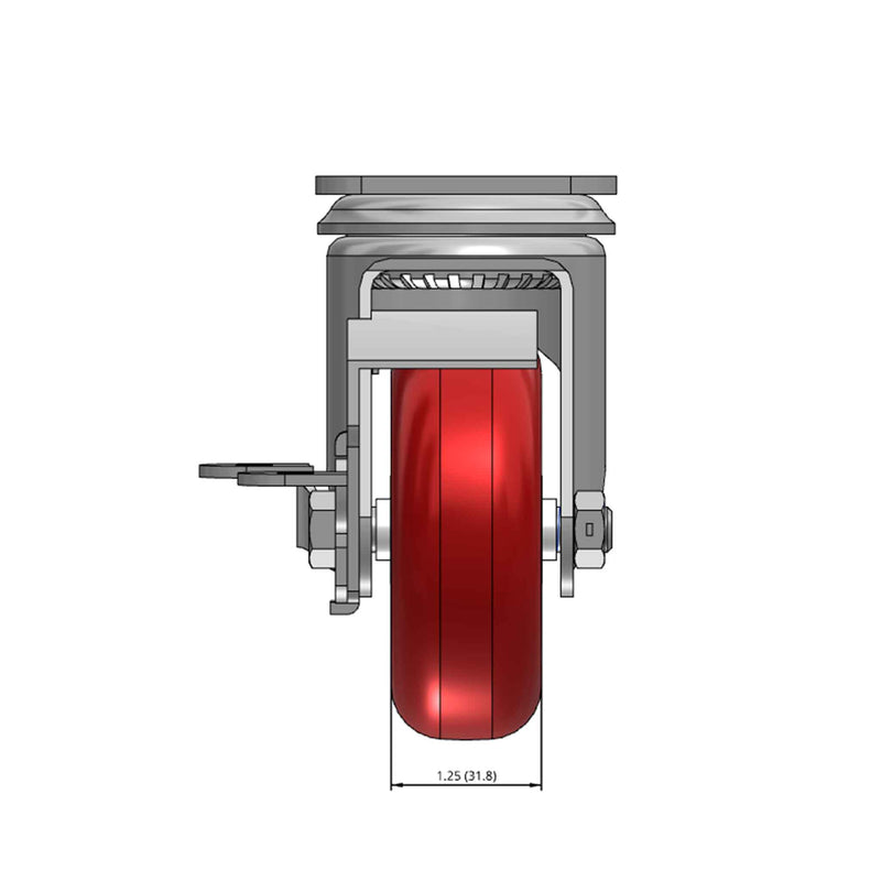 Top dimensioned CAD view of a Colson Casters 3.5" x 1.25" wide wheel Swivel caster with 2-1/2" x 3-5/8" top plate, with a side locking brake, HI-TECH Polyurethane wheel and 250 lb. capacity part