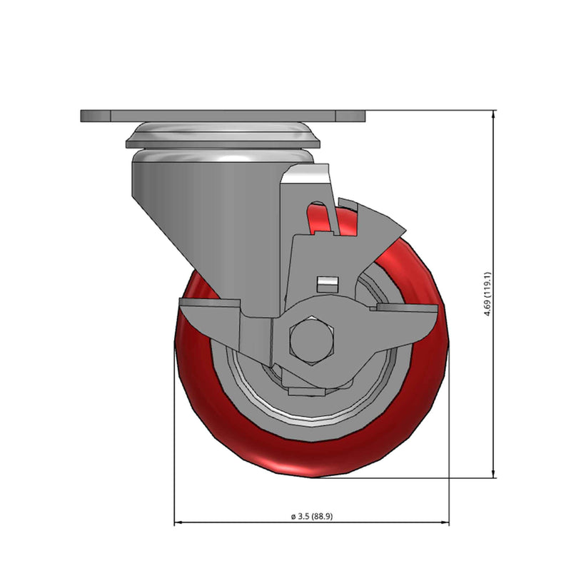 Front dimensioned CAD view of a Colson Casters 3.5" x 1.25" wide wheel Swivel caster with 2-1/2" x 3-5/8" top plate, with a side locking brake, HI-TECH Polyurethane wheel and 250 lb. capacity part