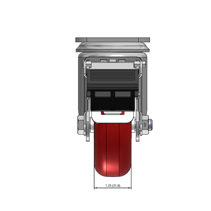 Top dimensioned CAD view of a Colson Casters 3.5" x 1.25" wide wheel Swivel caster with 2-1/2" x 3-5/8" top plate, with a top total locking brake, HI-TECH Polyurethane wheel and 250 lb. capacity part