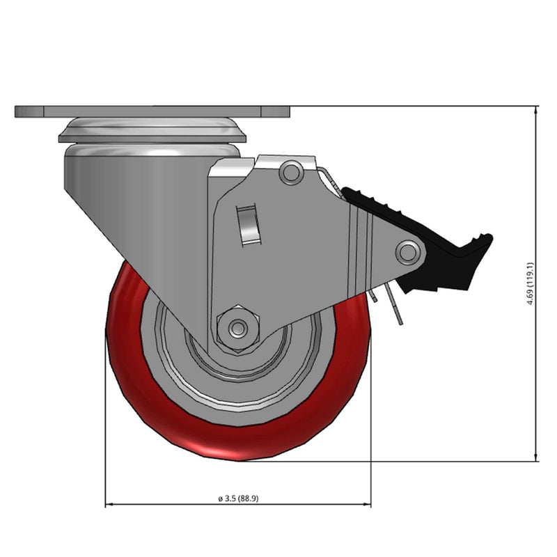 Front dimensioned CAD view of a Colson Casters 3.5" x 1.25" wide wheel Swivel caster with 2-1/2" x 3-5/8" top plate, with a top total locking brake, HI-TECH Polyurethane wheel and 250 lb. capacity part