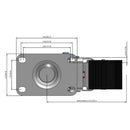 Side dimensioned CAD view of a Colson Casters 3.5" x 1.25" wide wheel Swivel caster with 2-1/2" x 3-5/8" top plate, with a top total locking brake, HI-TECH Polyurethane wheel and 250 lb. capacity part
