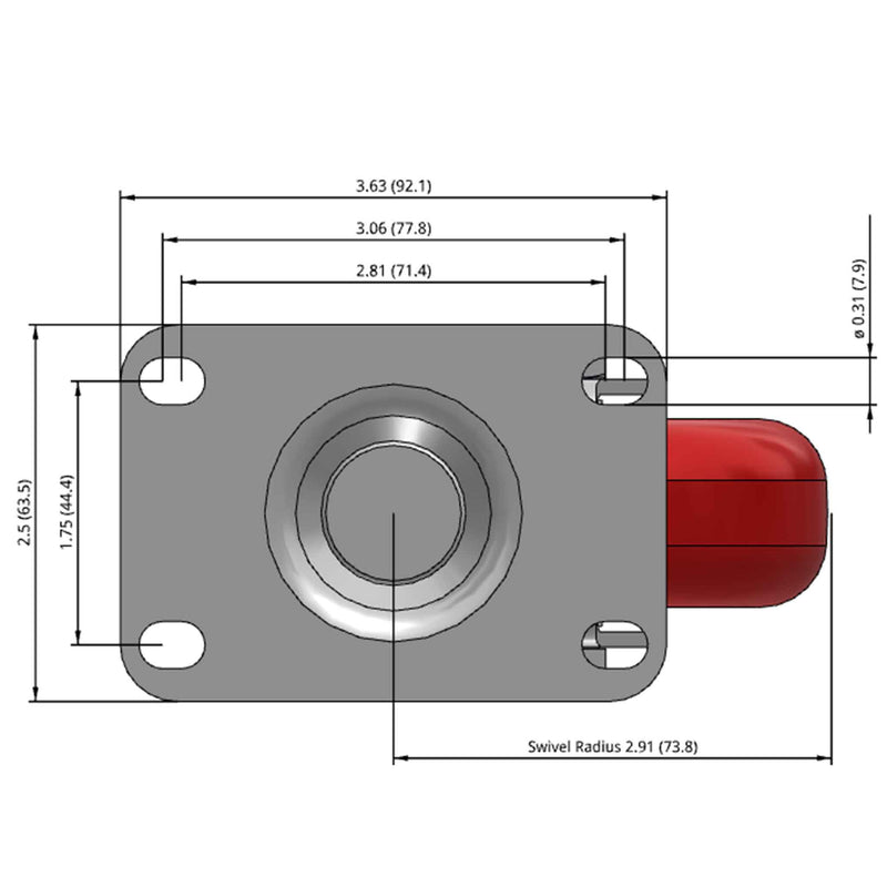 Side dimensioned CAD view of a Colson Casters 3.5" x 1.25" wide wheel Swivel caster with 2-1/2" x 3-5/8" top plate, without a brake, HI-TECH Polyurethane wheel and 250 lb. capacity part