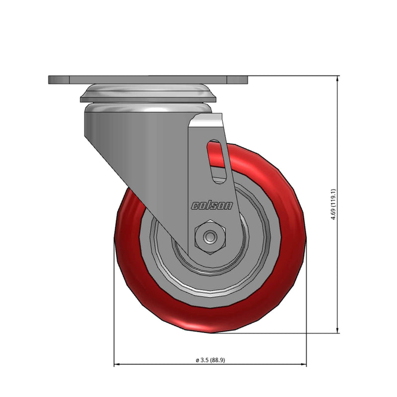 Front dimensioned CAD view of a Colson Casters 3.5" x 1.25" wide wheel Swivel caster with 2-1/2" x 3-5/8" top plate, without a brake, HI-TECH Polyurethane wheel and 250 lb. capacity part