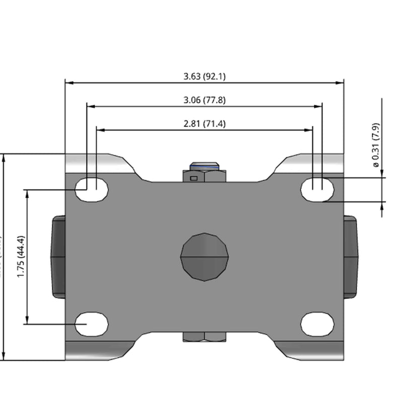 Side dimensioned CAD view of a Colson Casters 4" x 1.25" wide wheel Rigid caster with 2-11/16" x 3-5/8" top plate, without a brake, Performa wheel and 300 lb. capacity part
