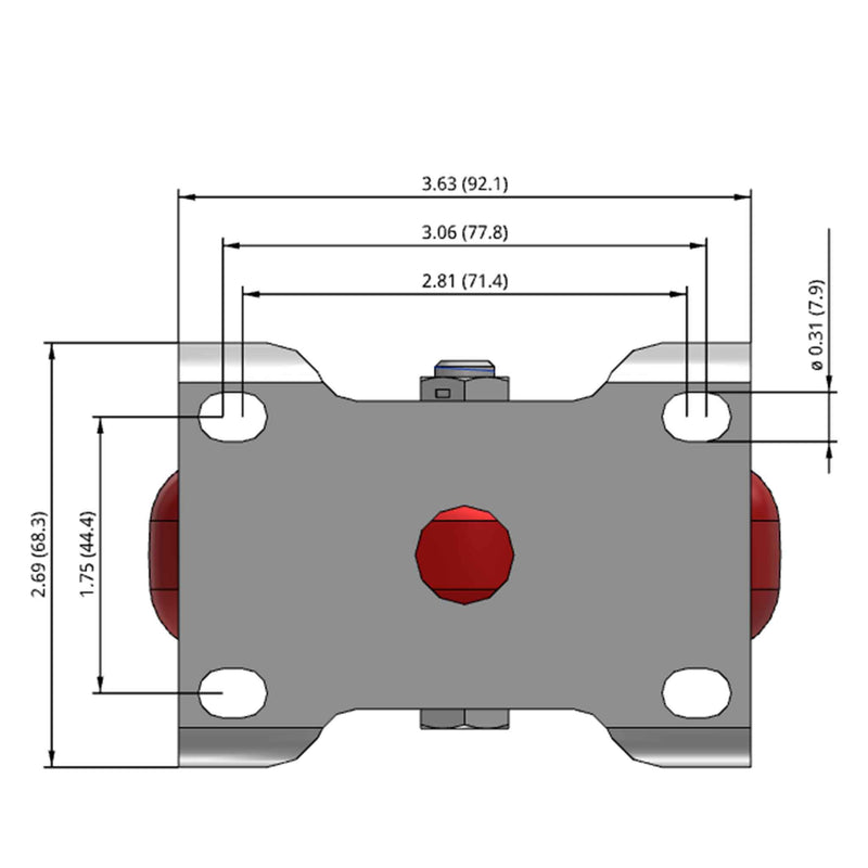 Side dimensioned CAD view of a Colson Casters 4" x 1.25" wide wheel Rigid caster with 2-11/16" x 3-5/8" top plate, without a brake, HI-TECH Polyurethane wheel and 275 lb. capacity part