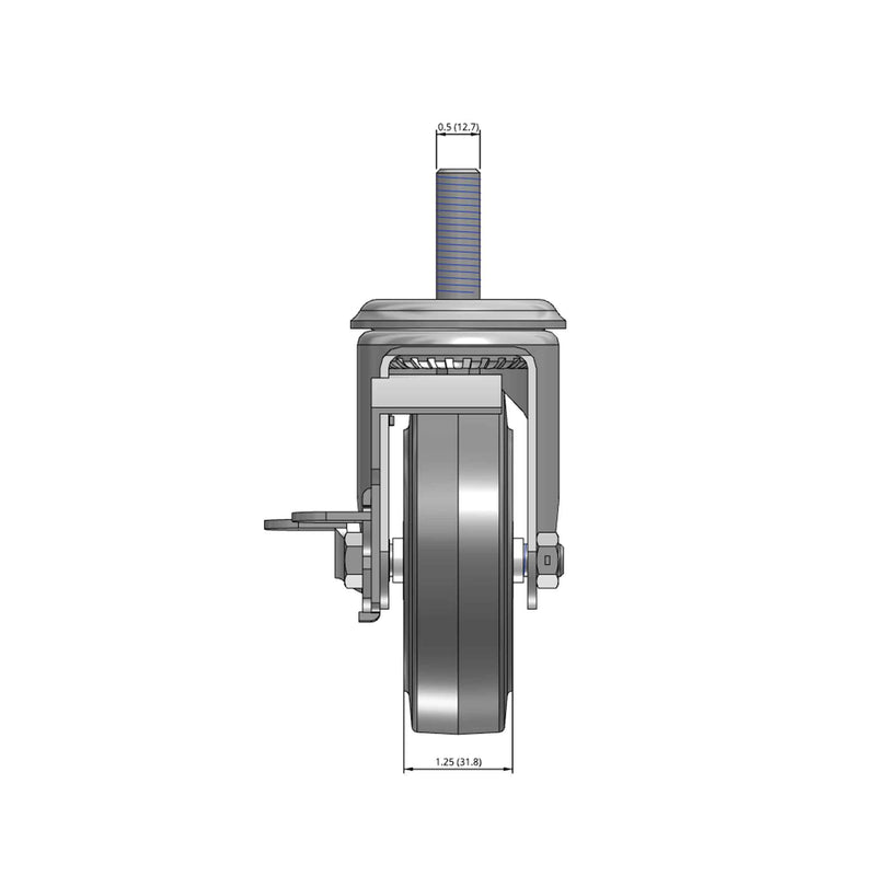 Top dimensioned CAD view of a Colson Casters 4" x 1.25" wide wheel Swivel caster with 1/2"-13 x 1-1/2" stud, with a side locking brake, Performa wheel and 300 lb. capacity part
